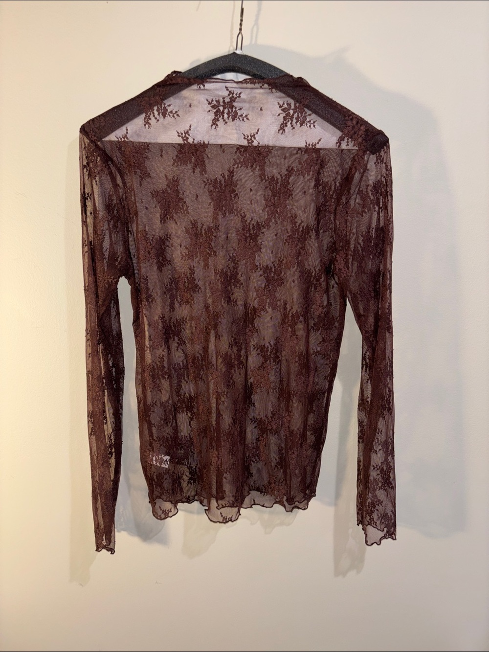 NWT Zenana Sheer Lace Long-Sleeve Top - Brown